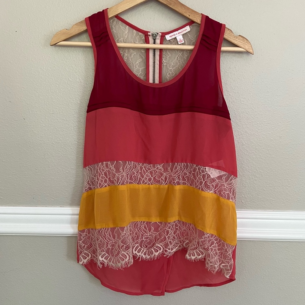 Whimsical Margo & Sebastian Lace Pink Yellow Stipe Peek-a-Boo Back tank Top Sz S